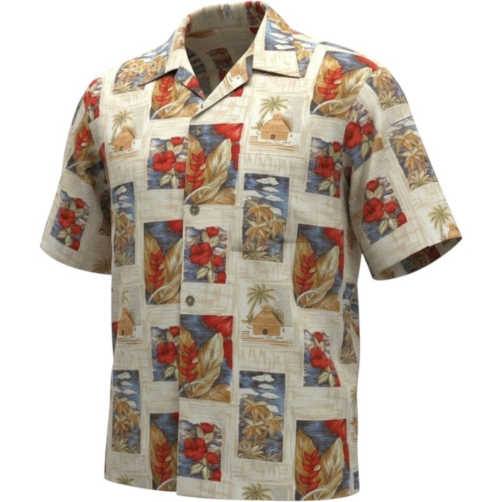Pierre Cardin Mens Large Tropical Aloha Shirt Cotton Short Sleeve Hibiscus Tan
